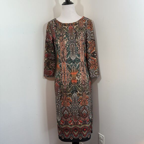 Beige ECI Sheath Dress 4 Paisley Scuba Knit Midi Pencil Fall Career Office - Picture 1 of 11